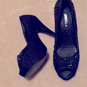 Black Pleated Fabric Heels Embellished With Beads